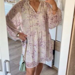 Floral Chiffon Ballon Sleeve Loose Fit Dress